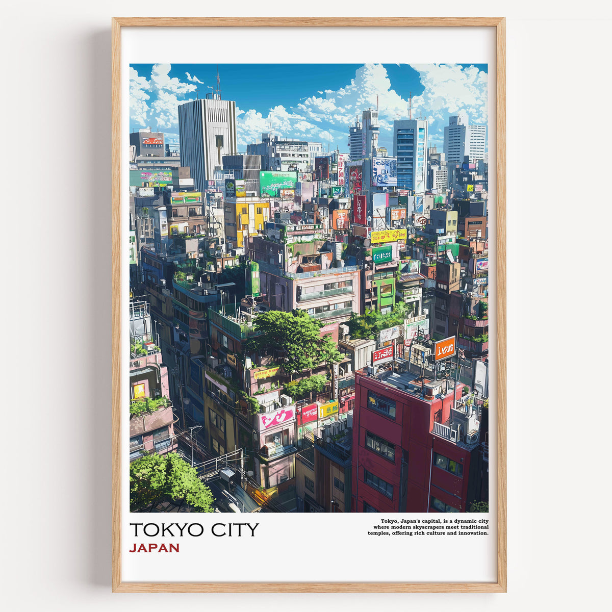 Tokyo city rooftops from above print in a light oak frame on a plain white wall