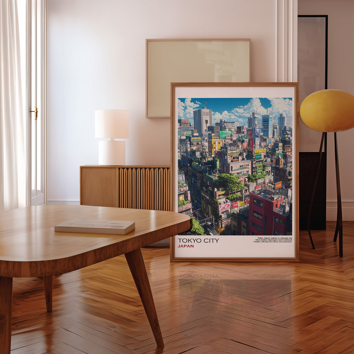 Tokyo city rooftops from above print in a walnut frame leaning in a mid-century living room