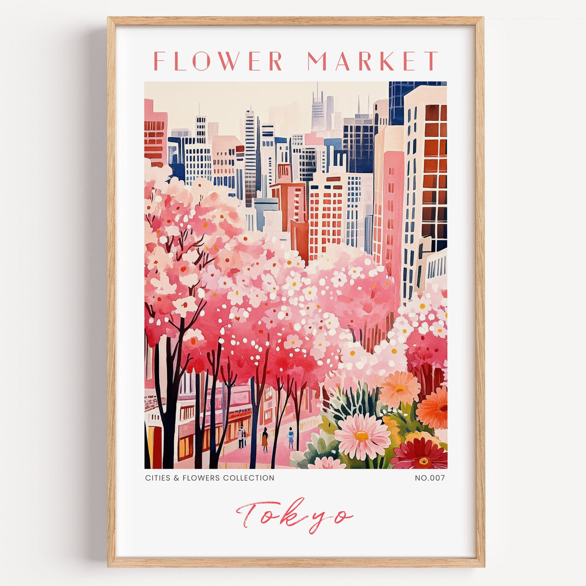Tokyo flower market print in a light oak frame on a plain white wall