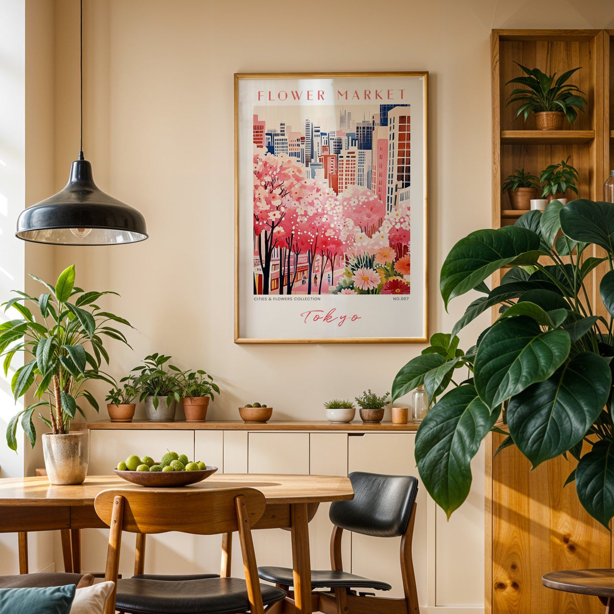 Tokyo flower market print in an oak frame above a dining sideboard lined with potted plants