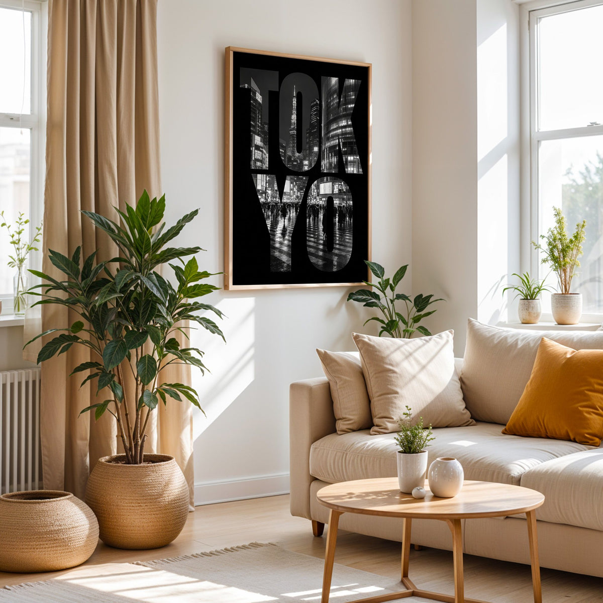 Tokyo letters filled with night city photo print in an oak frame above a cream sofa beside woven planters