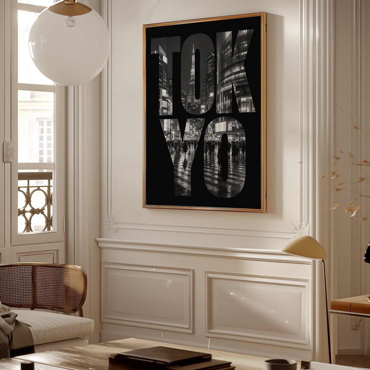 Tokyo letters filled with night city photo print shown in a gold frame in a Parisian paneled living room