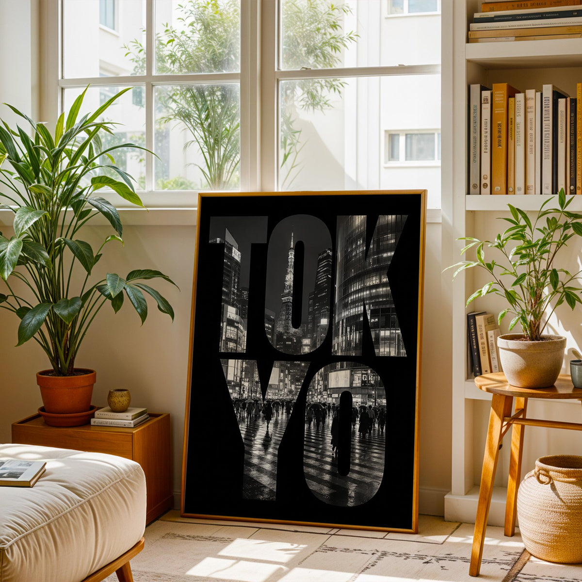 Tokyo letters filled with night city photo print shown in a brass frame leaning on a sunlit living room floor