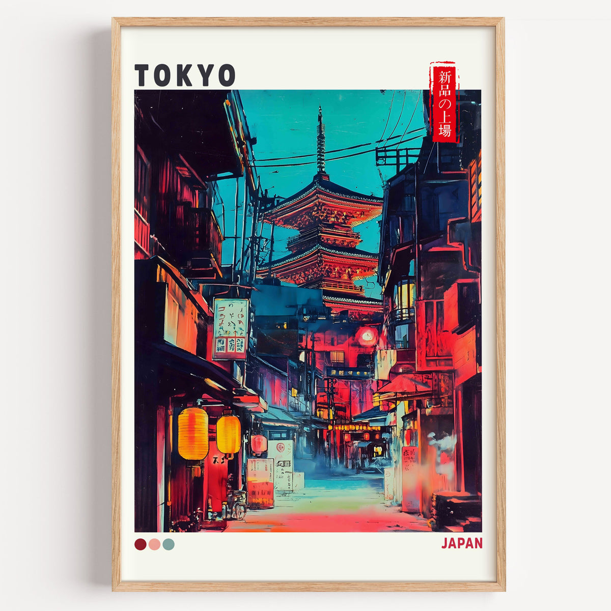 Tokyo neon alley and red pagoda print in a light oak frame on a plain white wall