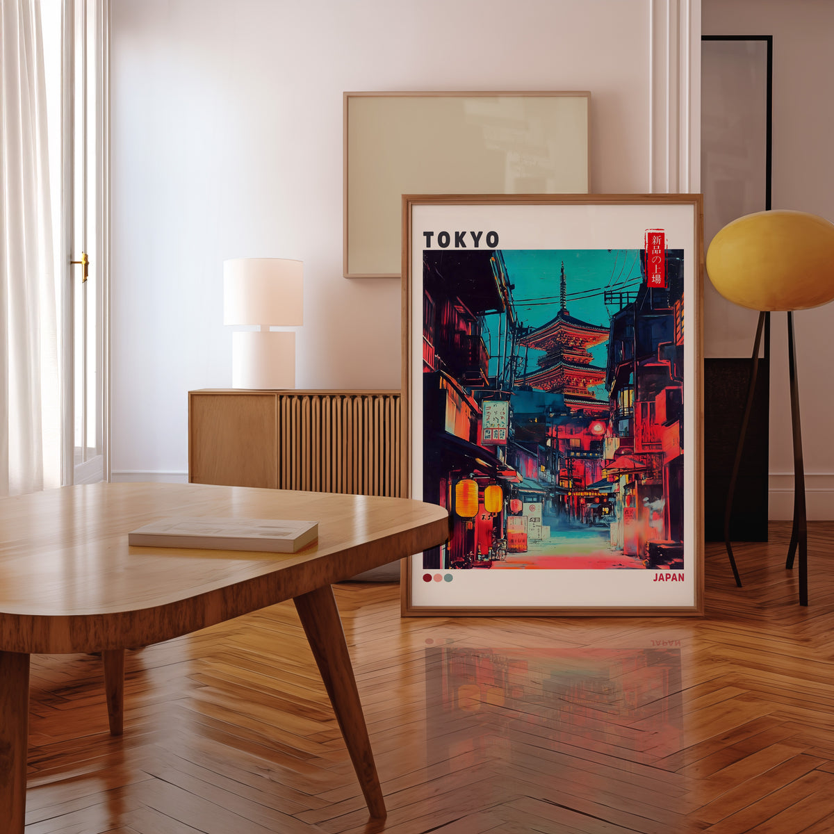 Tokyo neon alley and red pagoda print in a walnut frame leaning in a mid-century living room