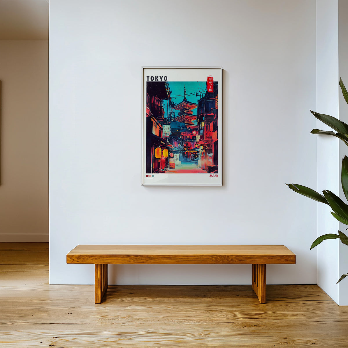 Tokyo neon alley and red pagoda print shown in a white frame above a wooden entryway bench