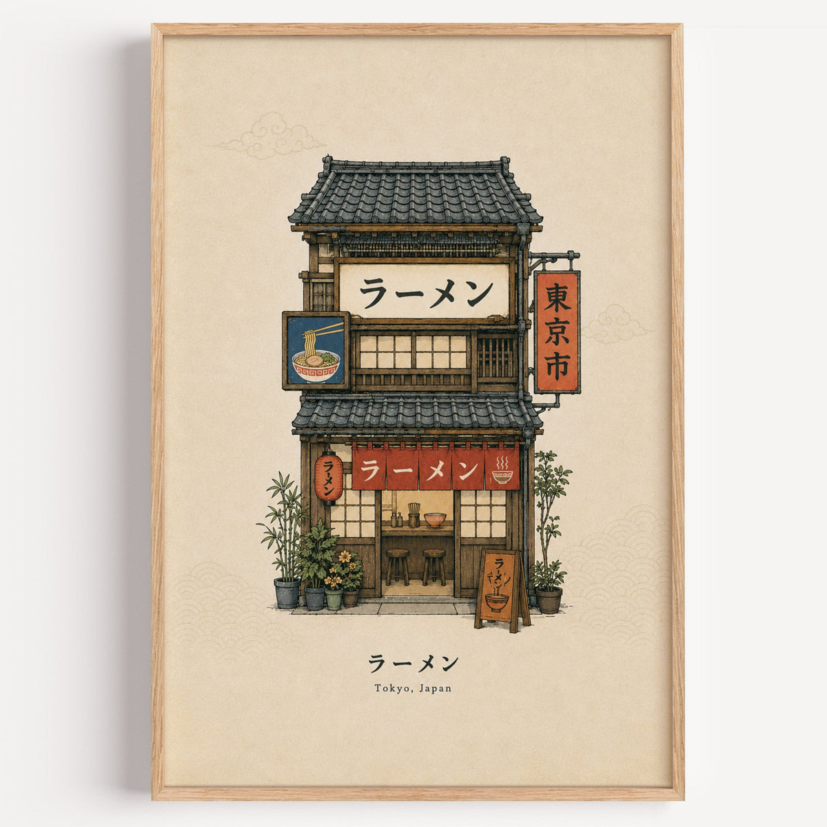 Tokyo ramen shop storefront print in a light oak frame on a plain white wall
