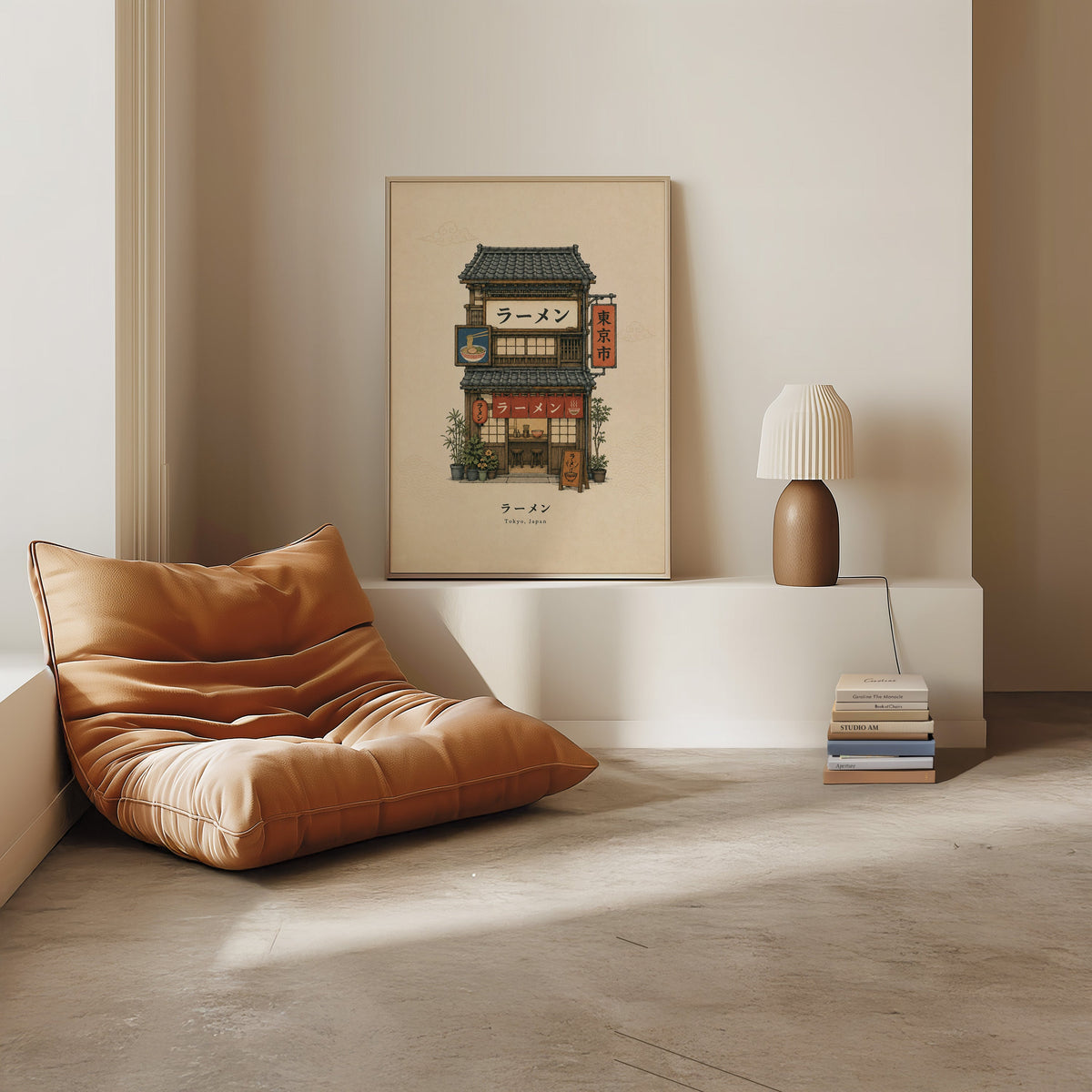 Tokyo ramen shop storefront print in a light oak frame on a white ledge by a tan leather floor chair