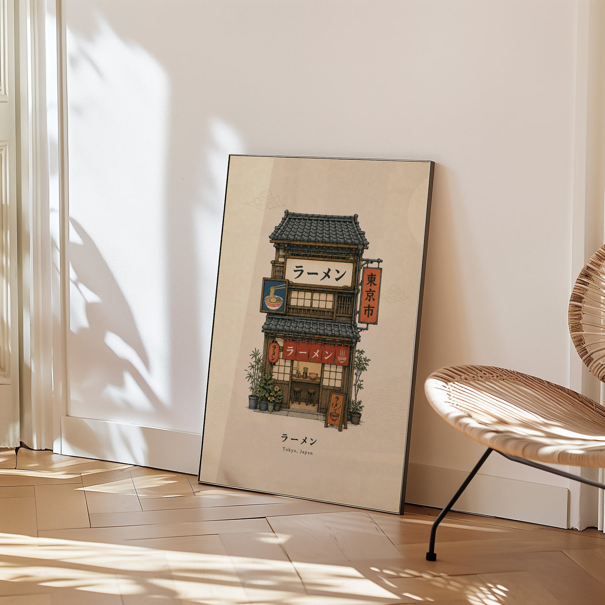 Tokyo ramen shop storefront print in a black frame leaning on a herringbone floor beside a woven rattan chair