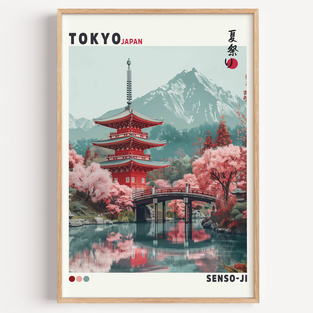 Red pagoda and arched bridge sakura print in a light oak frame on a plain white wall
