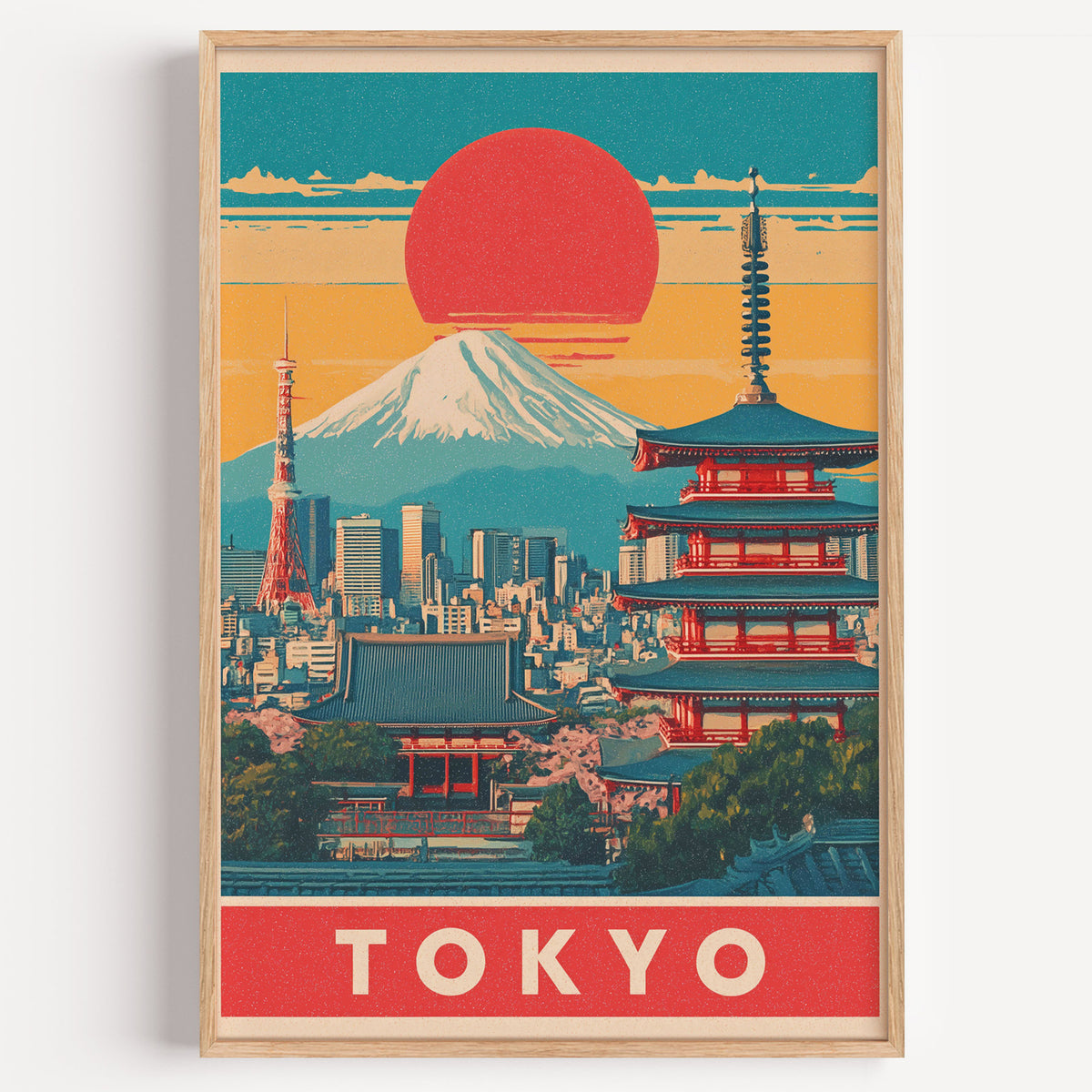 Retro Tokyo red sun skyline print in a light oak frame on a plain white wall