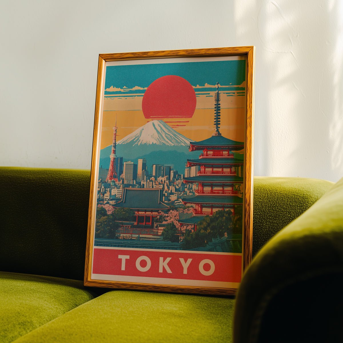 Retro Tokyo red sun skyline print in an oak frame propped on a green velvet sofa