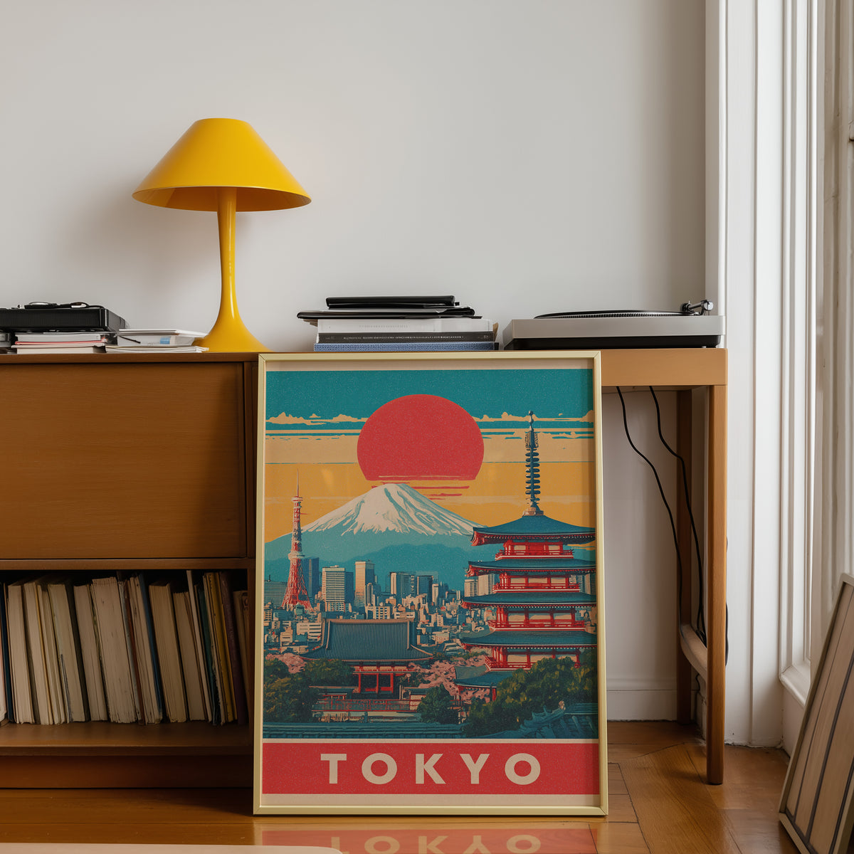 Retro Tokyo red sun skyline print shown in a gold frame below a teak desk with a yellow lamp
