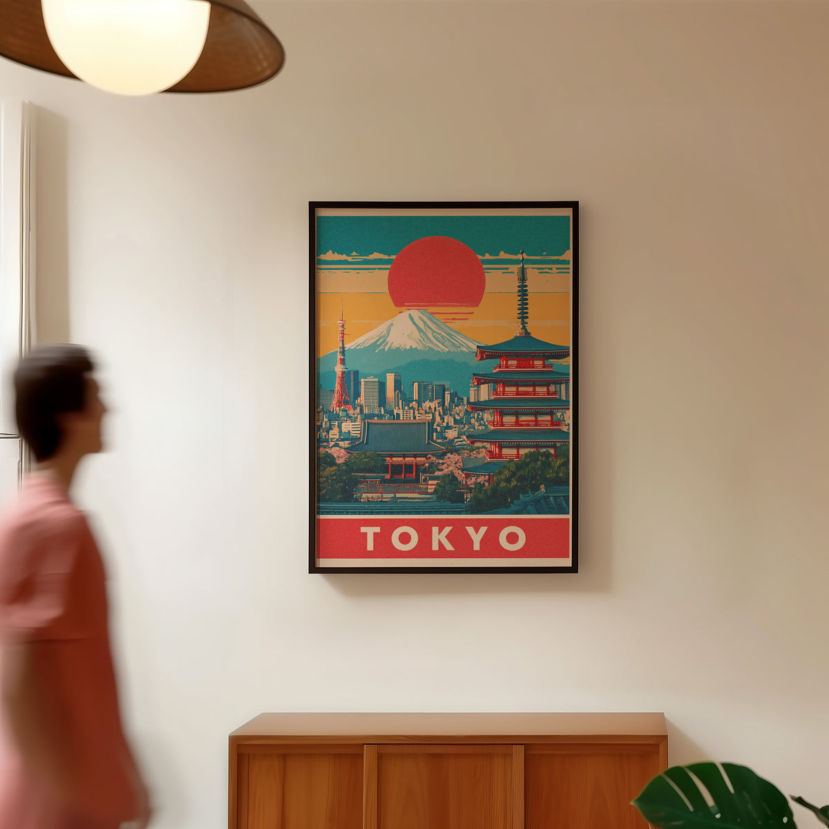 Retro Tokyo red sun skyline print in a black frame in a hallway under a rattan pendant