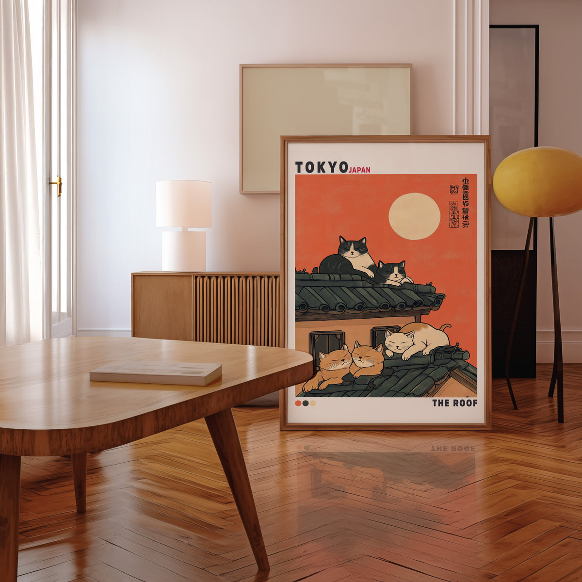 Five cats sleeping on Tokyo roof print in a walnut frame leaning in a mid-century living room
