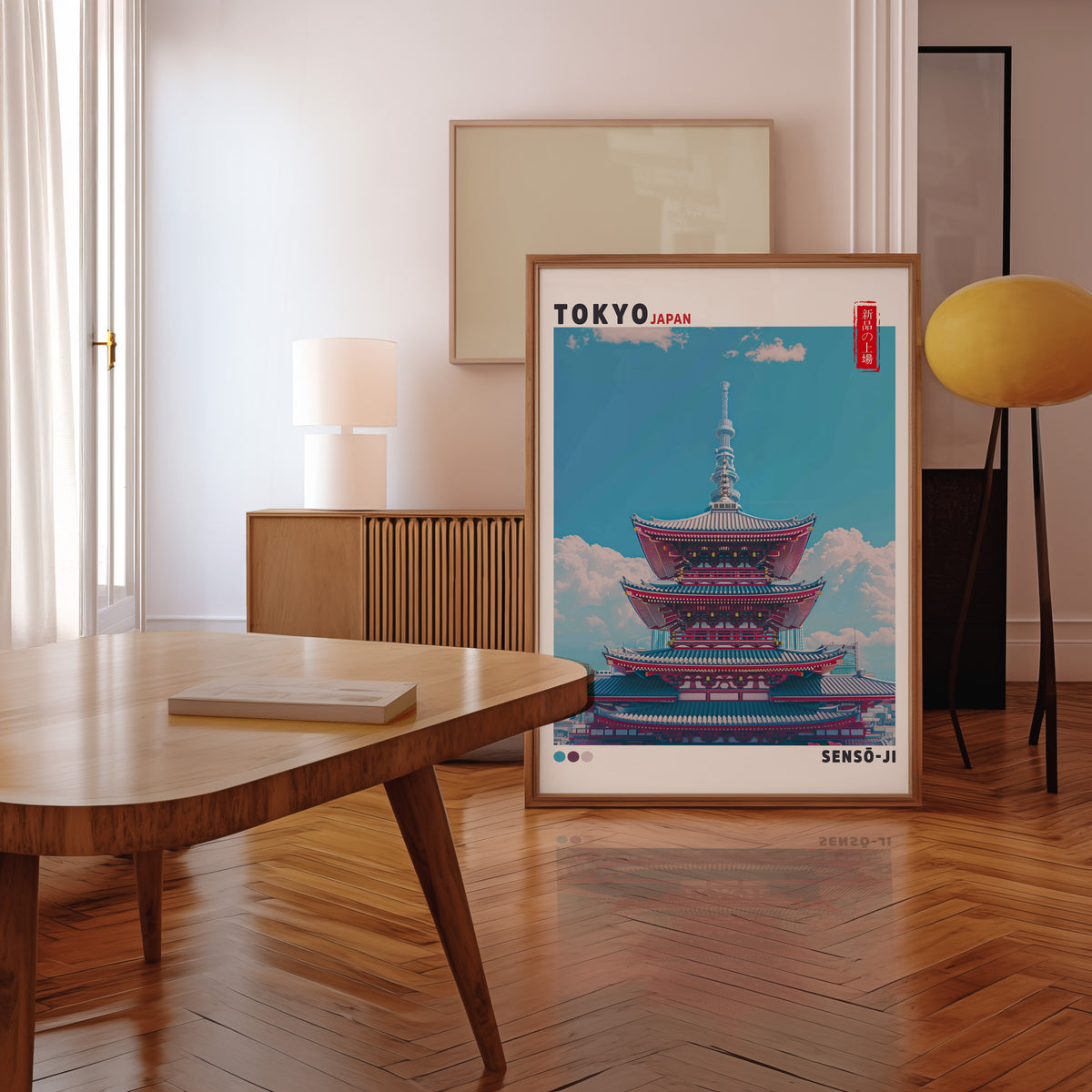 Senso-ji five-story pagoda print in a walnut frame leaning in a mid-century living room