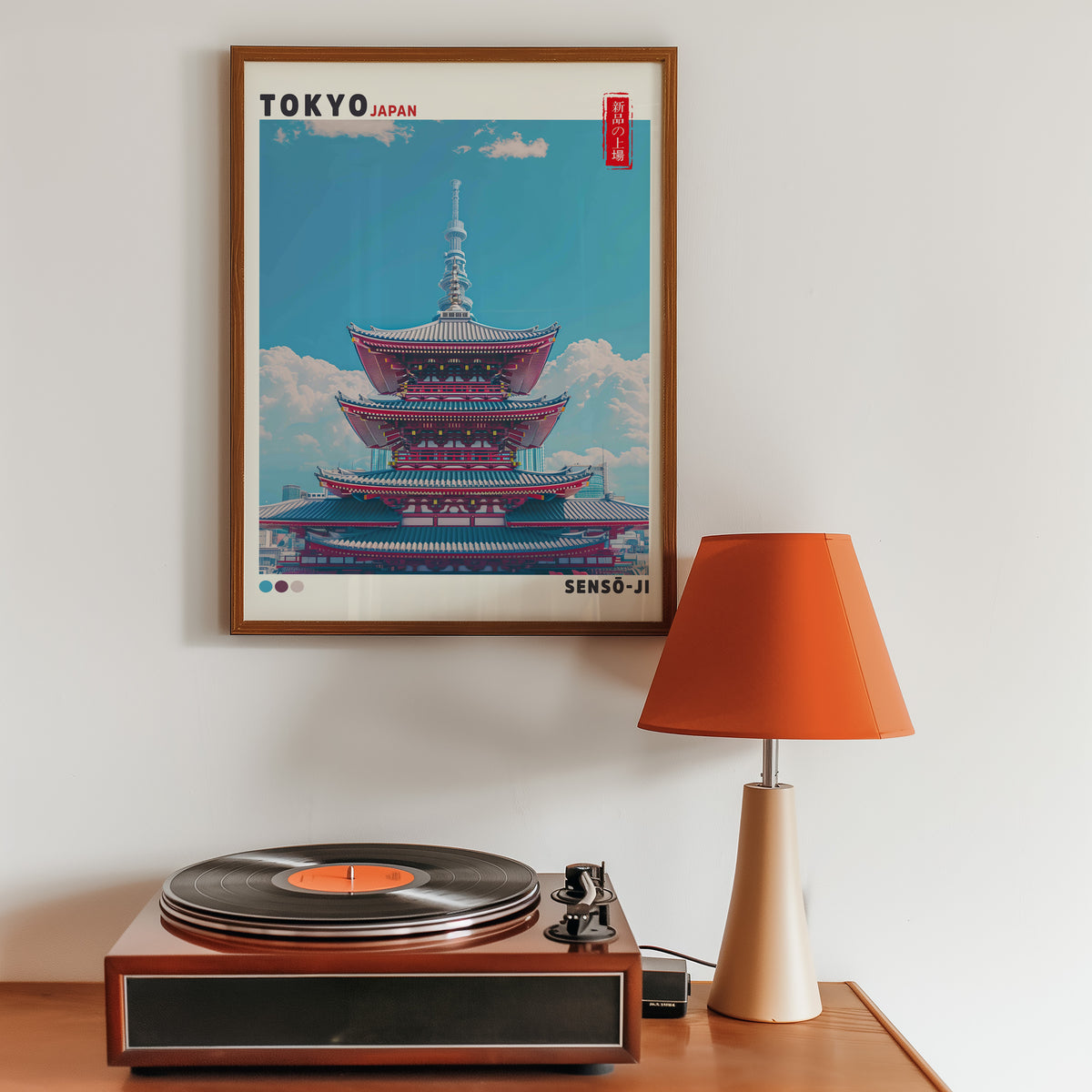 Senso-ji five-story pagoda print in a walnut frame above a sideboard with a record player