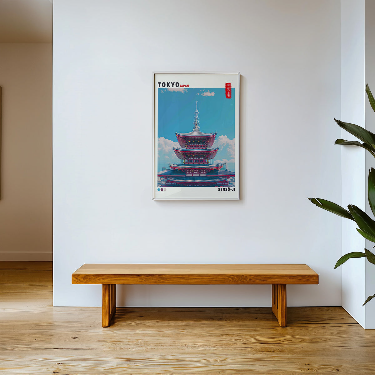 Senso-ji five-story pagoda print shown in a white frame above a wooden entryway bench