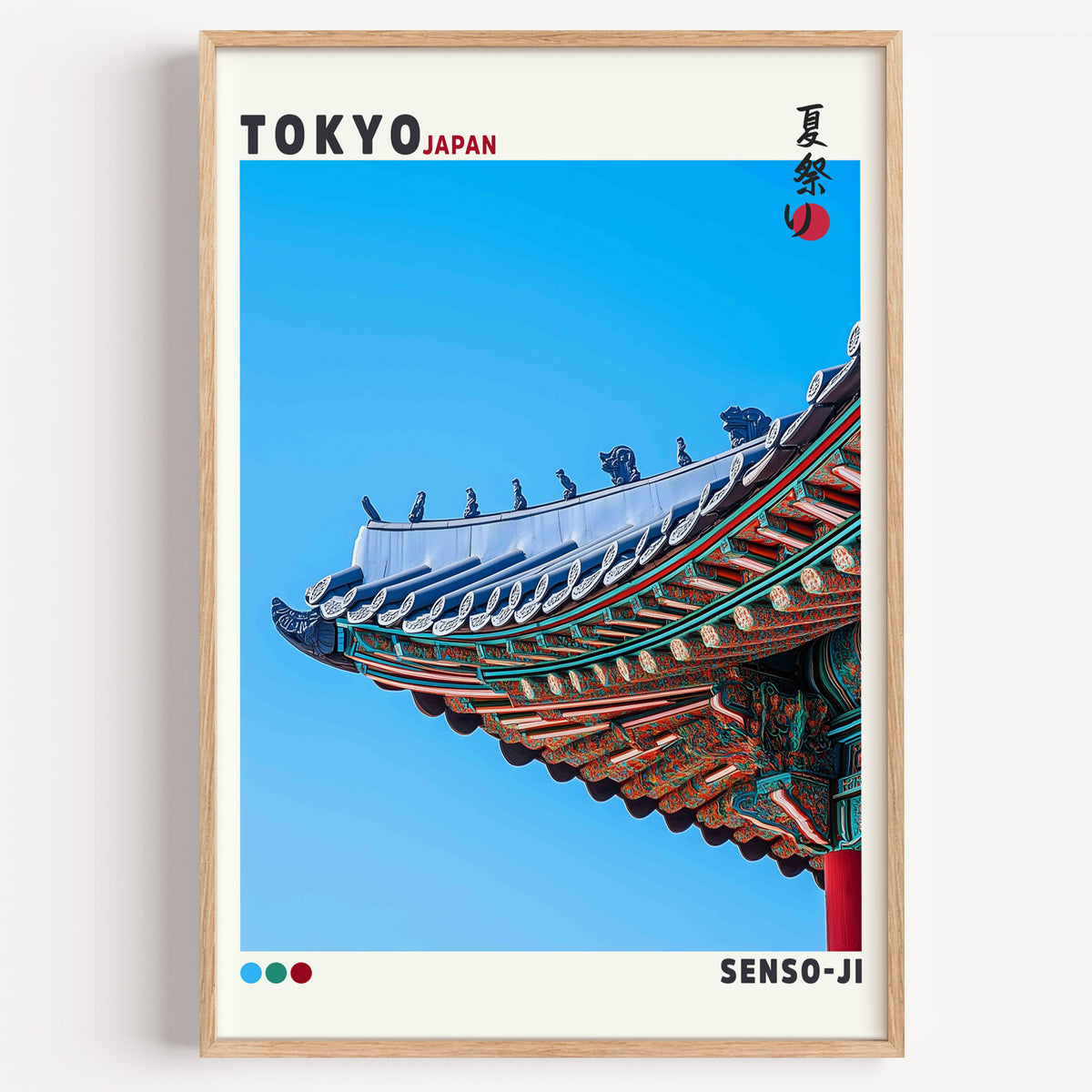 Senso-ji green temple roof detail print in a light oak frame on a plain white wall