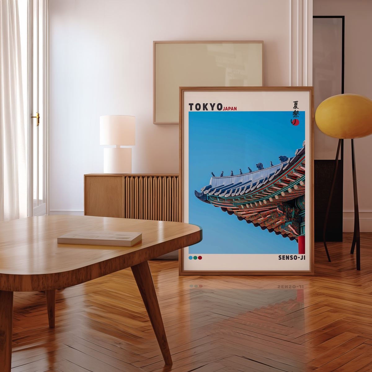 Senso-ji green temple roof detail print in a walnut frame leaning in a mid-century living room