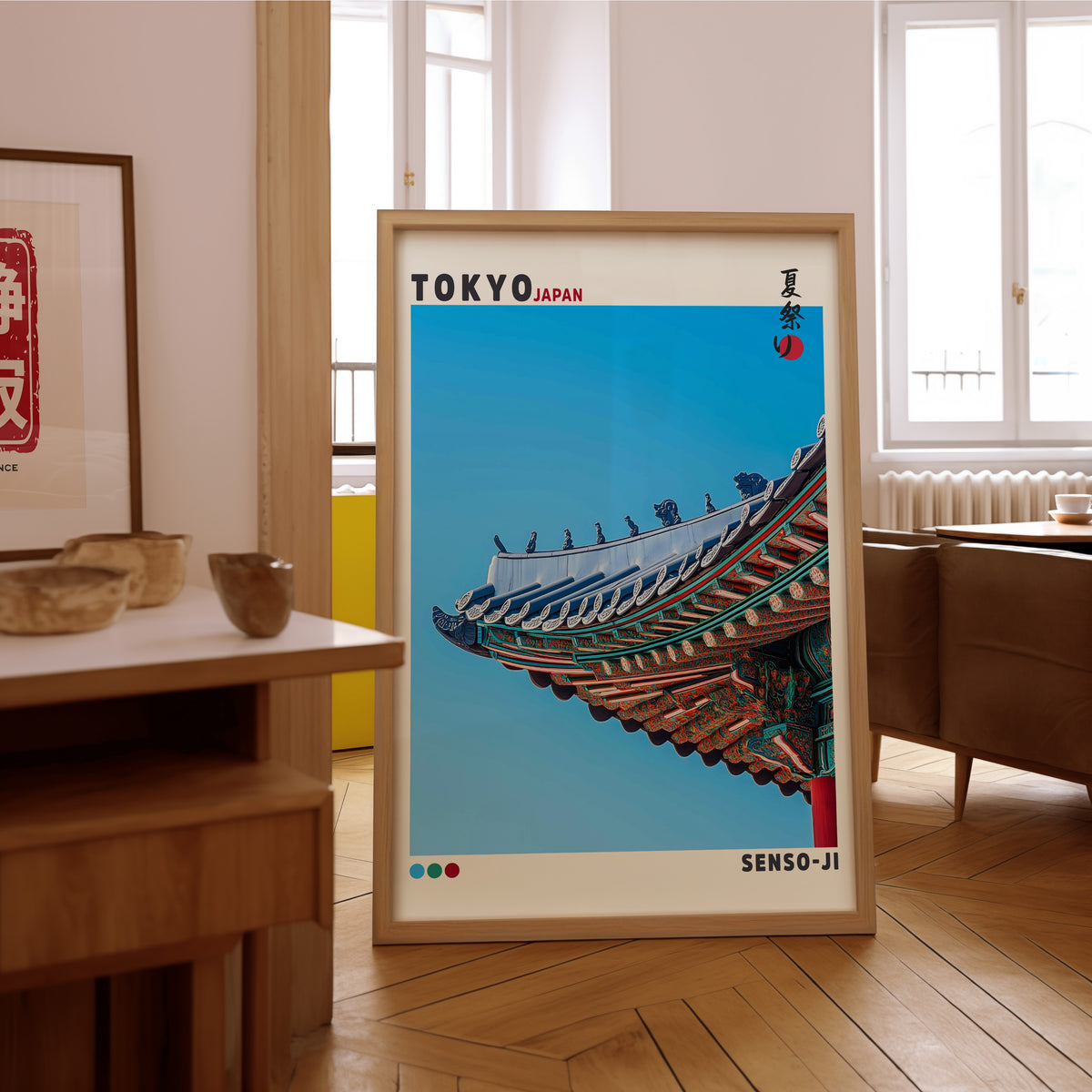 Senso-ji green temple roof detail print in an oak frame on the parquet floor of a sunlit living room