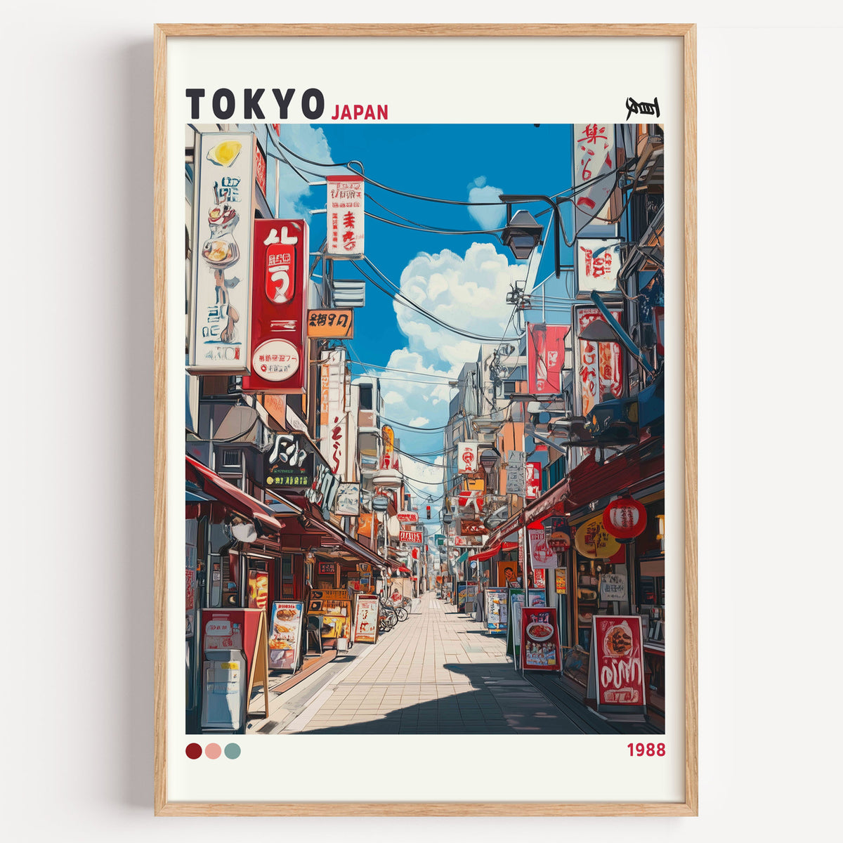Tokyo shopping street 1988 print in a light oak frame on a plain white wall