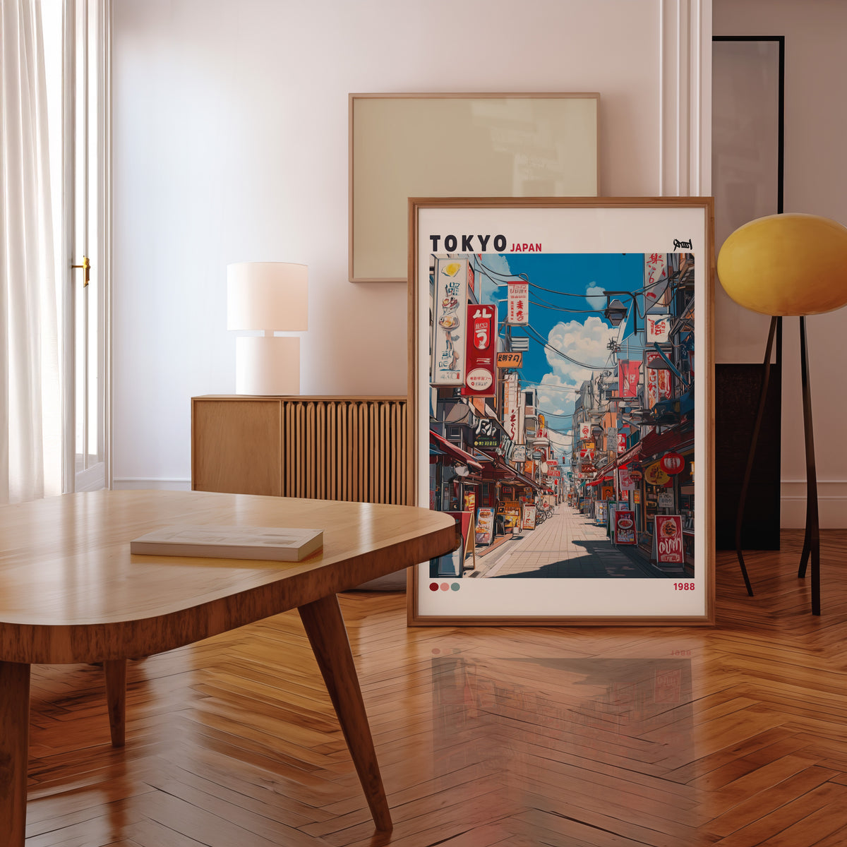 Tokyo shopping street 1988 print in a walnut frame leaning in a mid-century living room