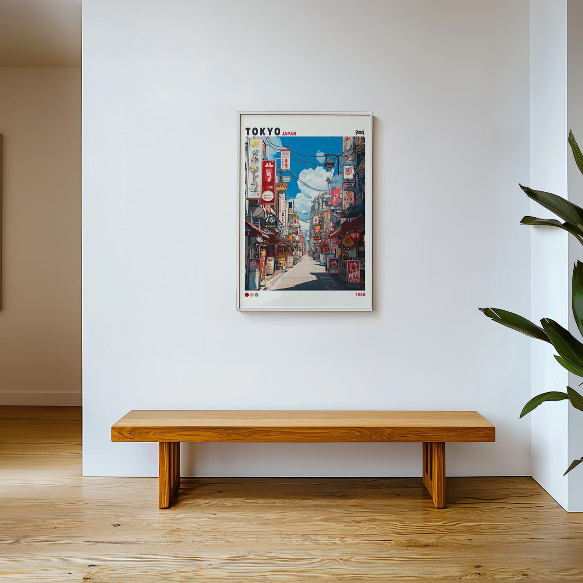 Tokyo shopping street 1988 print shown in a white frame above a wooden entryway bench