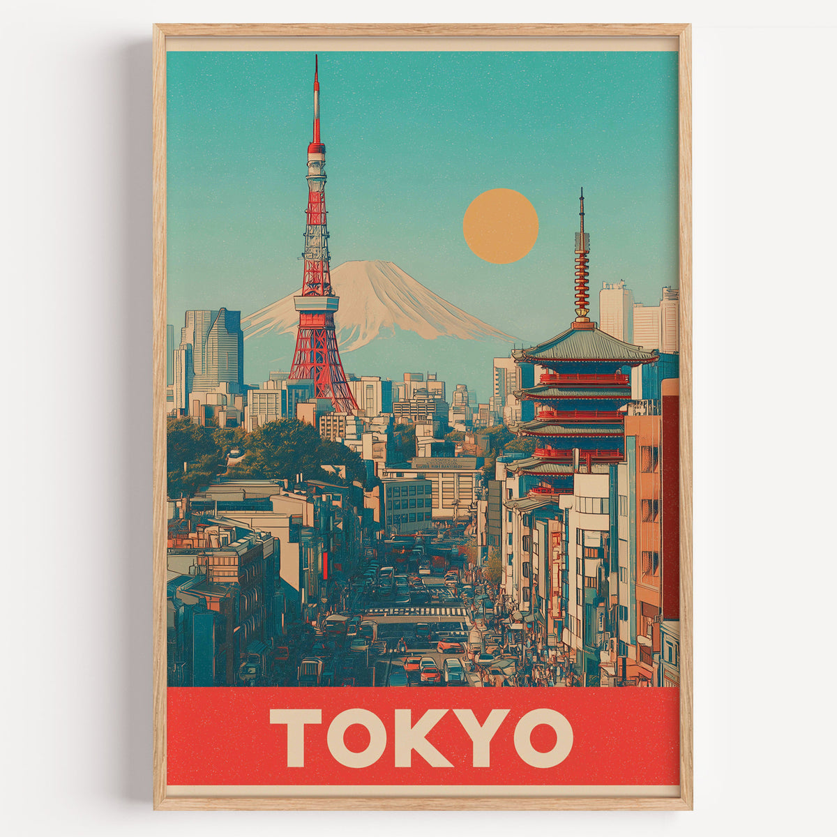 Retro Tokyo Tower and Mount Fuji print in a light oak frame on a plain white wall