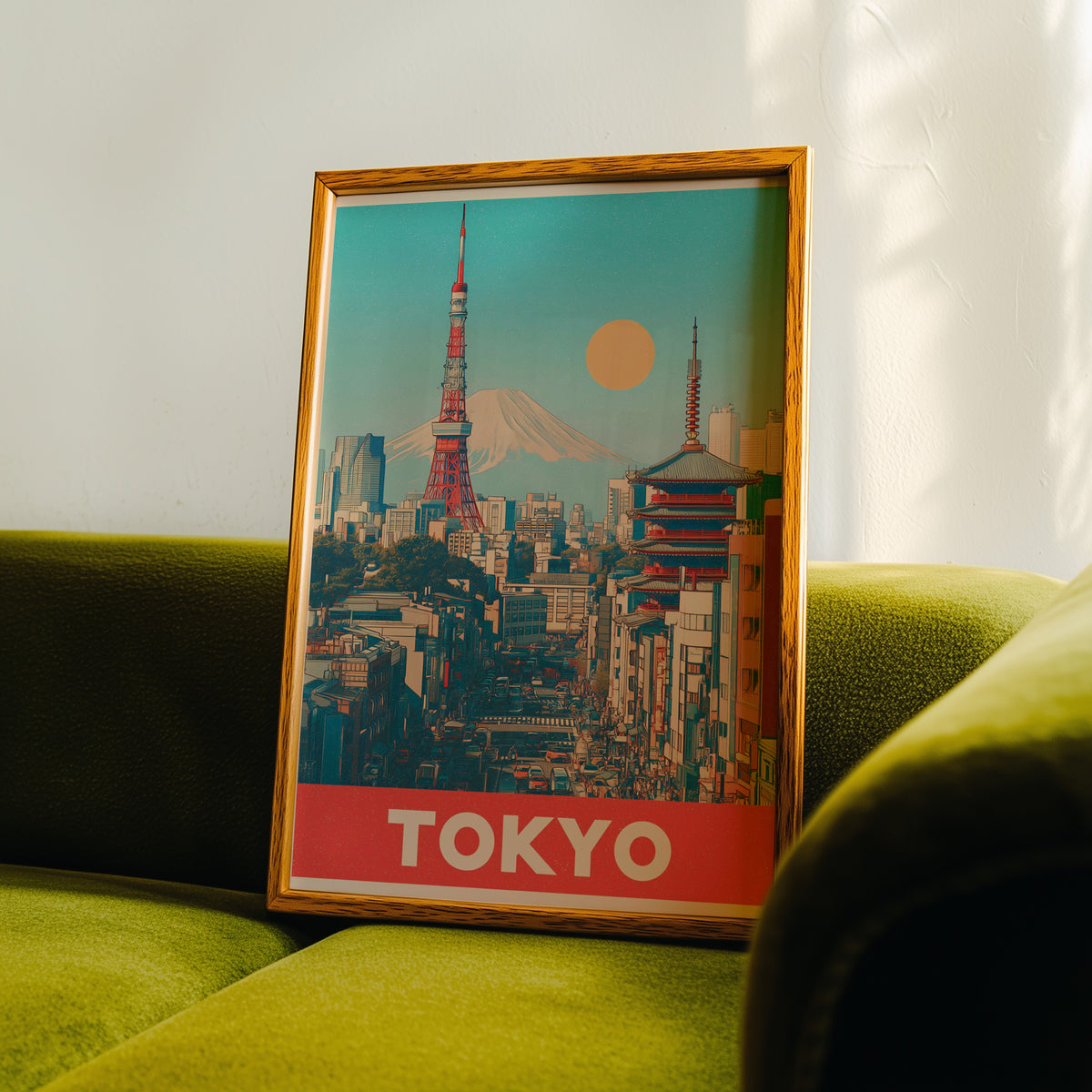 Retro Tokyo Tower and Mount Fuji print in an oak frame propped on a green velvet sofa