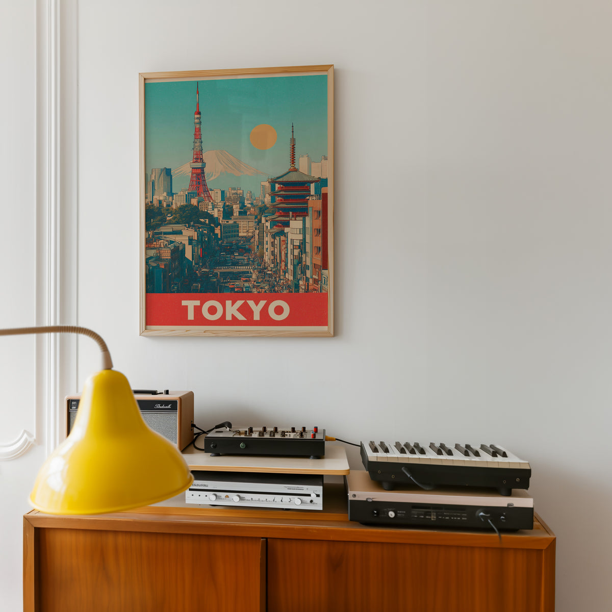 Retro Tokyo Tower and Mount Fuji print in an oak frame above a teak sideboard with vintage hi-fi