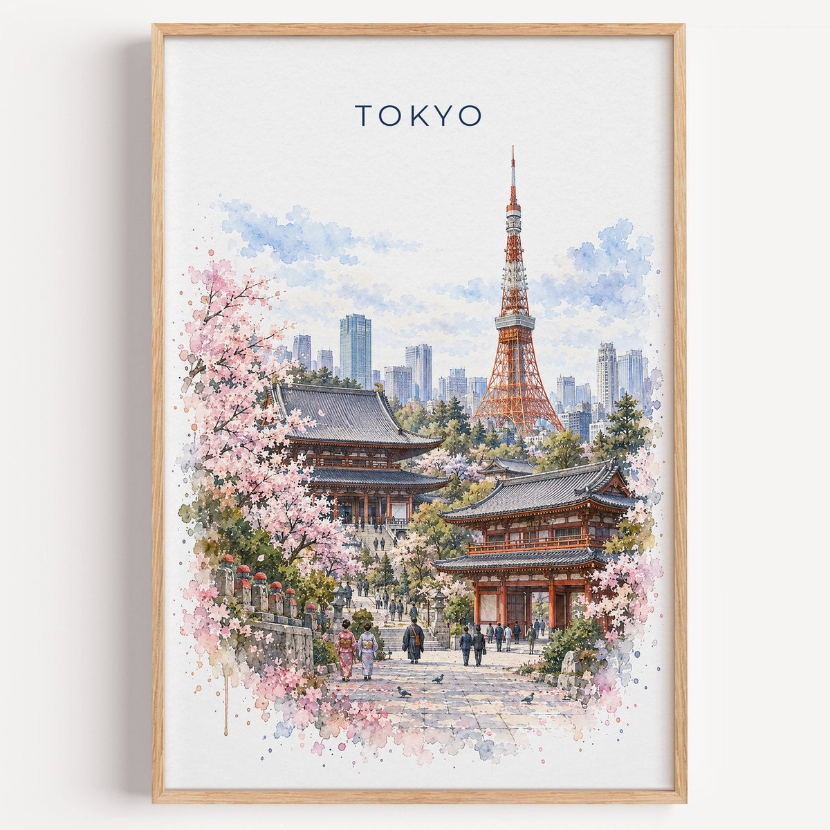 Tokyo watercolor print in a light oak frame on a plain white wall