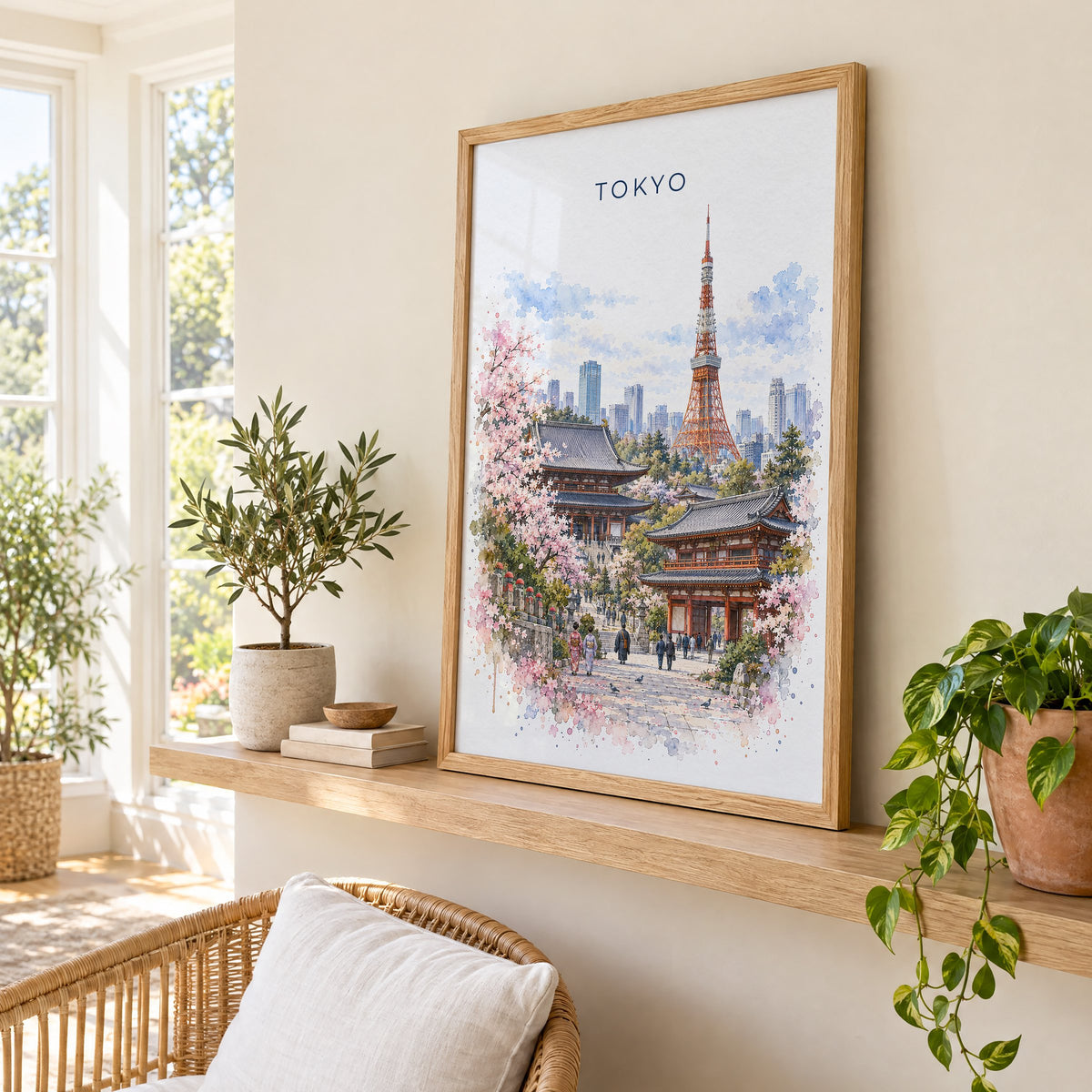 Tokyo watercolor print in an oak frame on a picture ledge in a sunlit sunroom