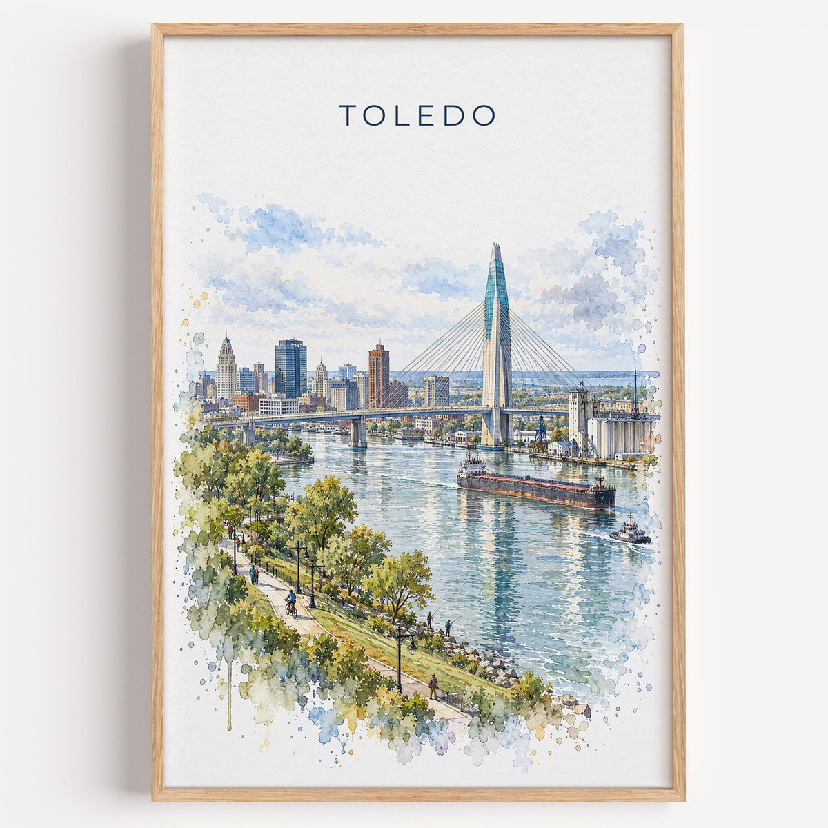 Toledo, Ohio watercolor print in a light oak frame on a plain white wall