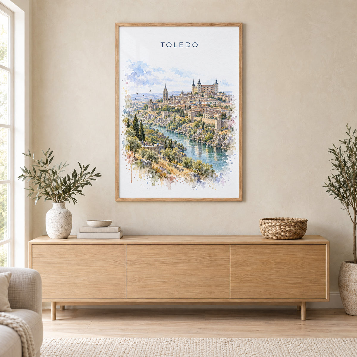 Toledo, Spain watercolor print in an oak frame above a light wood sideboard in a Scandinavian living room