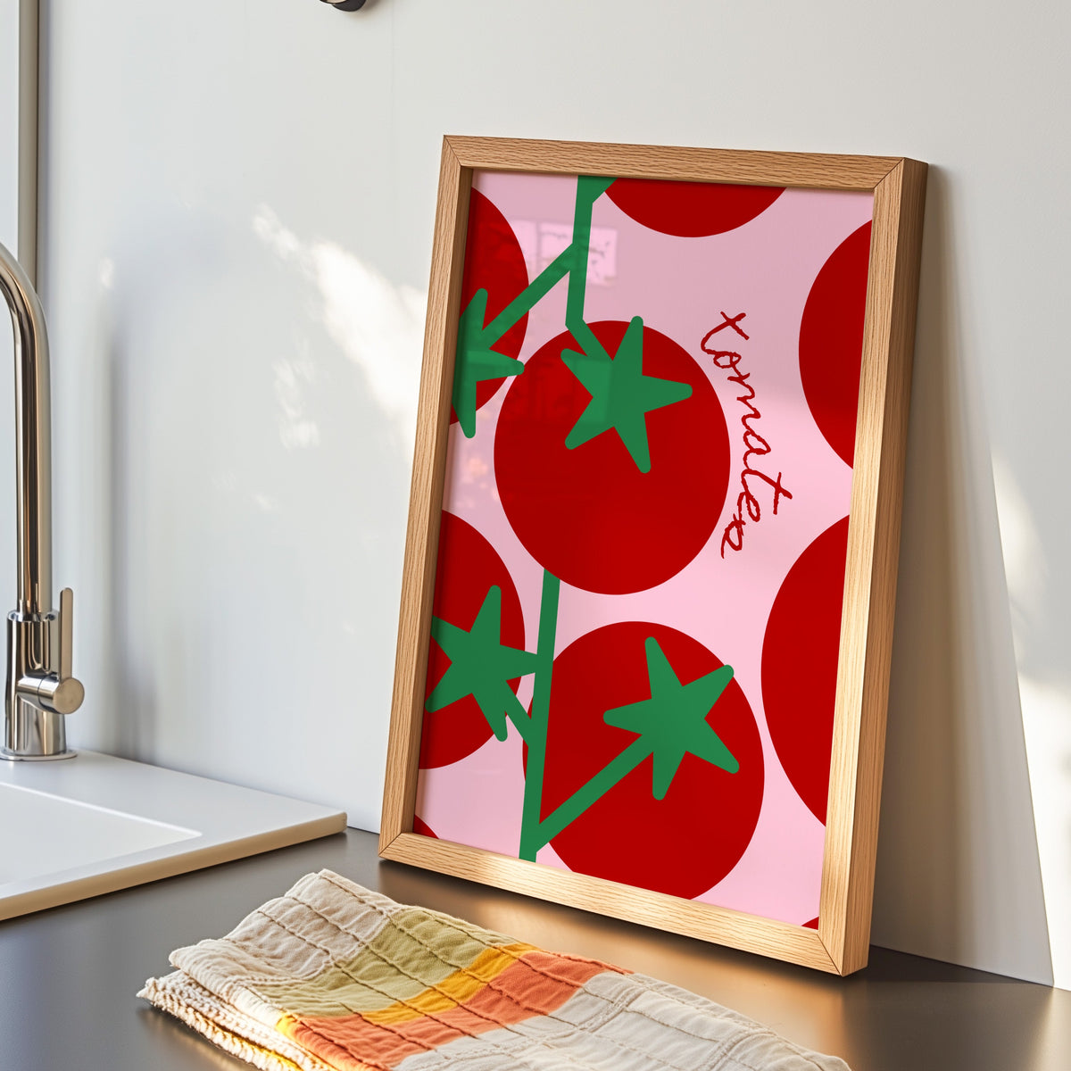 Tomates print in an oak frame by the kitchen sink beside a striped tea towel