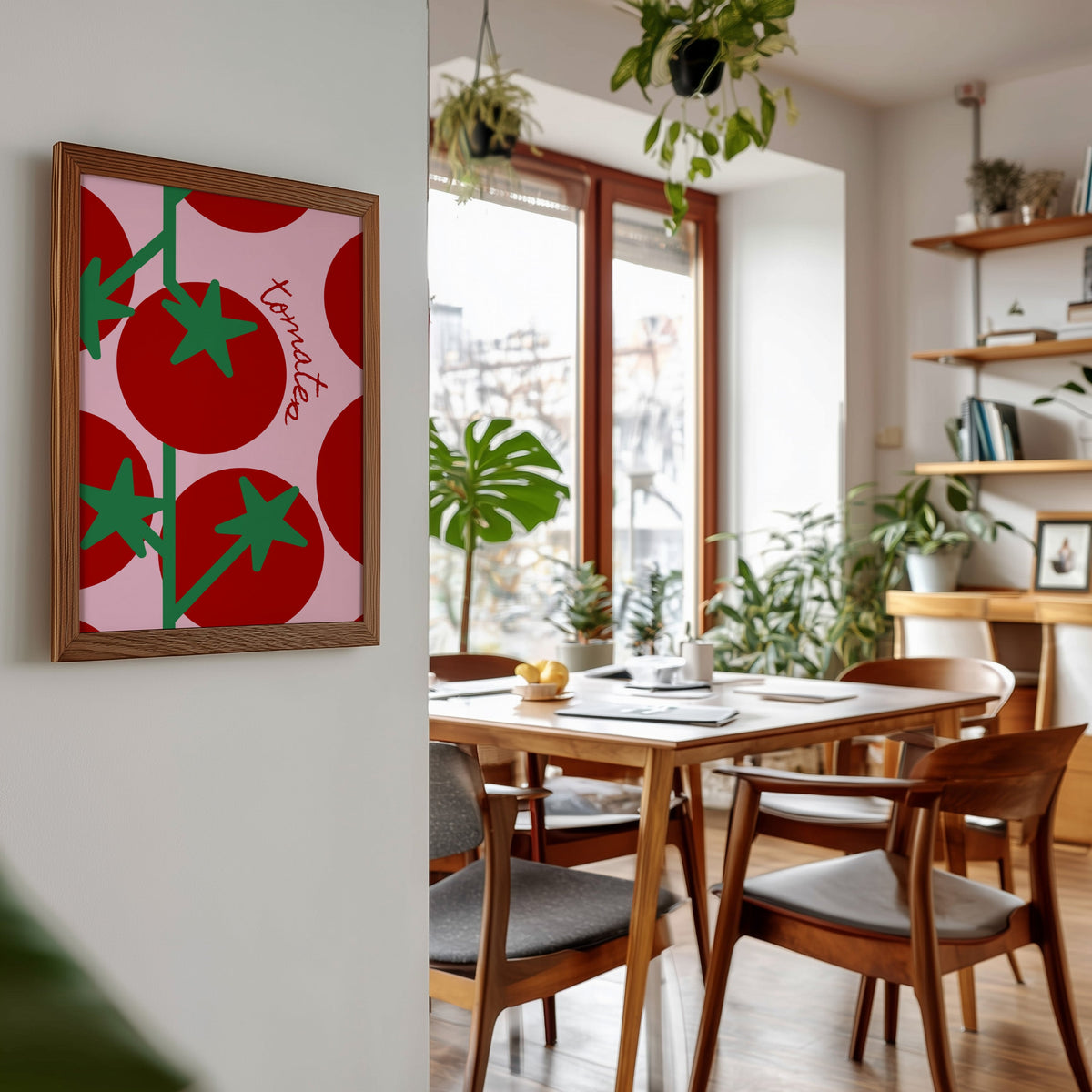 Tomates print in a walnut frame beside a mid-century dining table