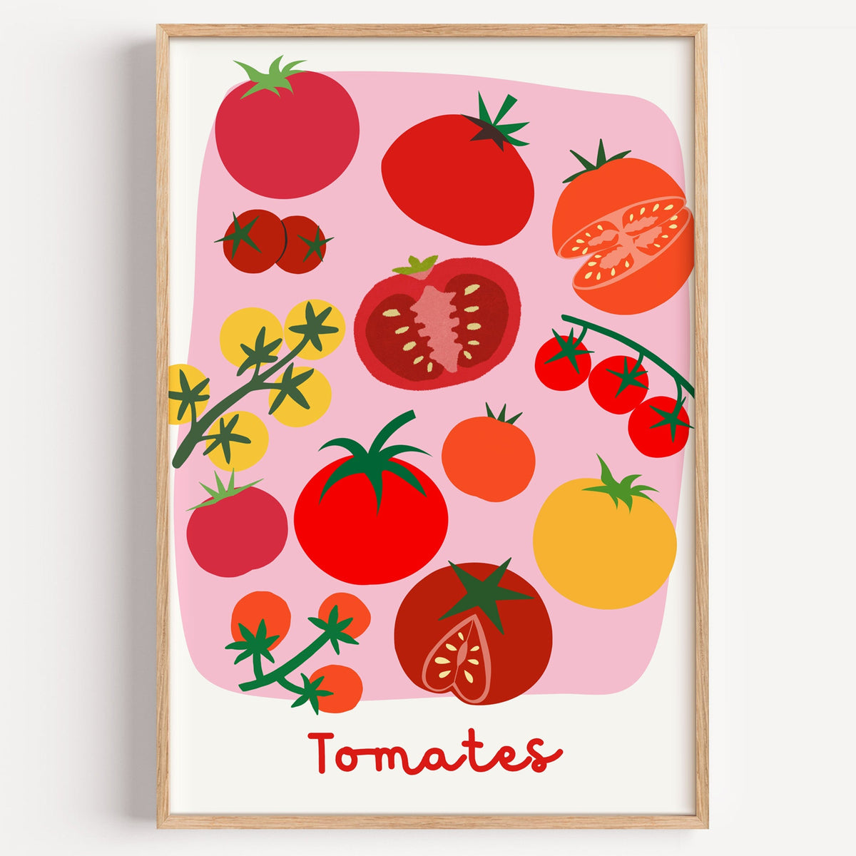 Tomates scattered tomato print in a light oak frame on a plain white wall