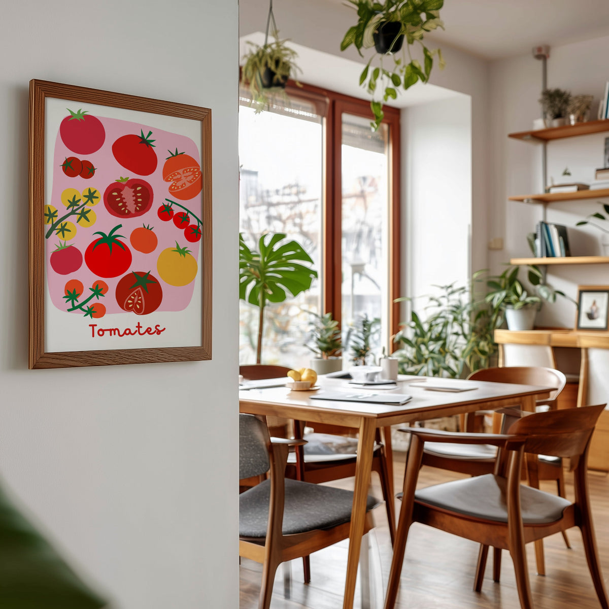 Tomates print in a walnut frame beside a mid-century dining table
