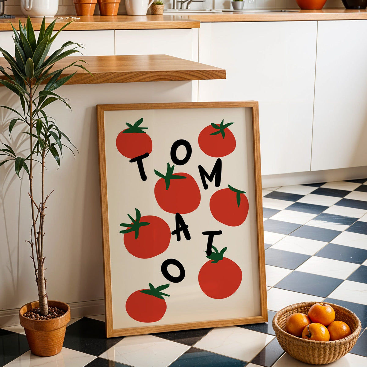 Tomato letters print in an oak frame by a kitchen island and checkered floor