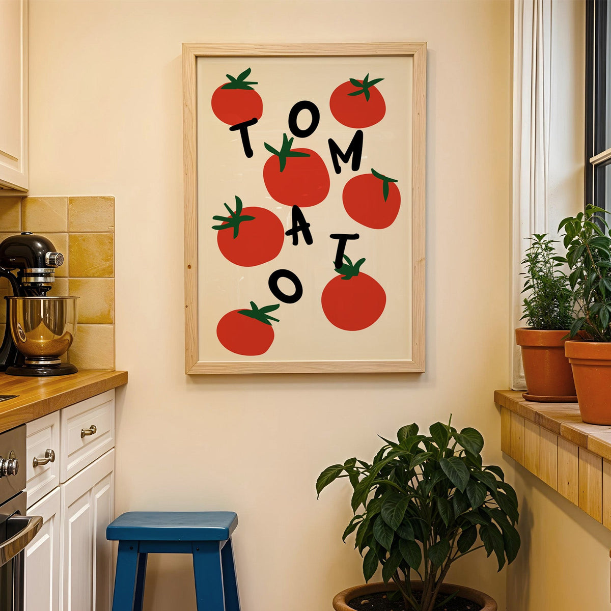 Tomato letters print in a wood frame on a yellow tiled kitchen wall