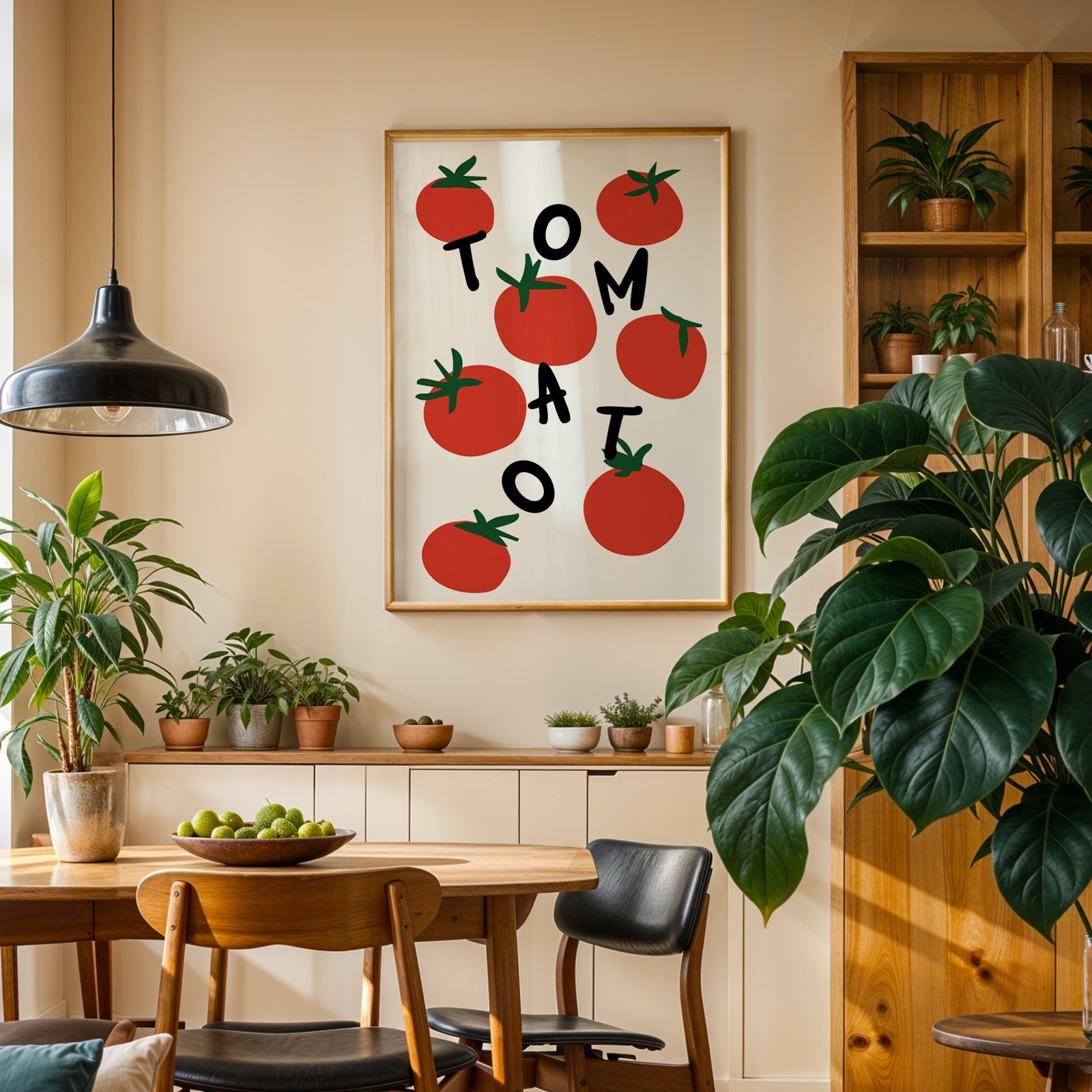 Tomato letters print in an oak frame above a sideboard in a plant-filled dining room