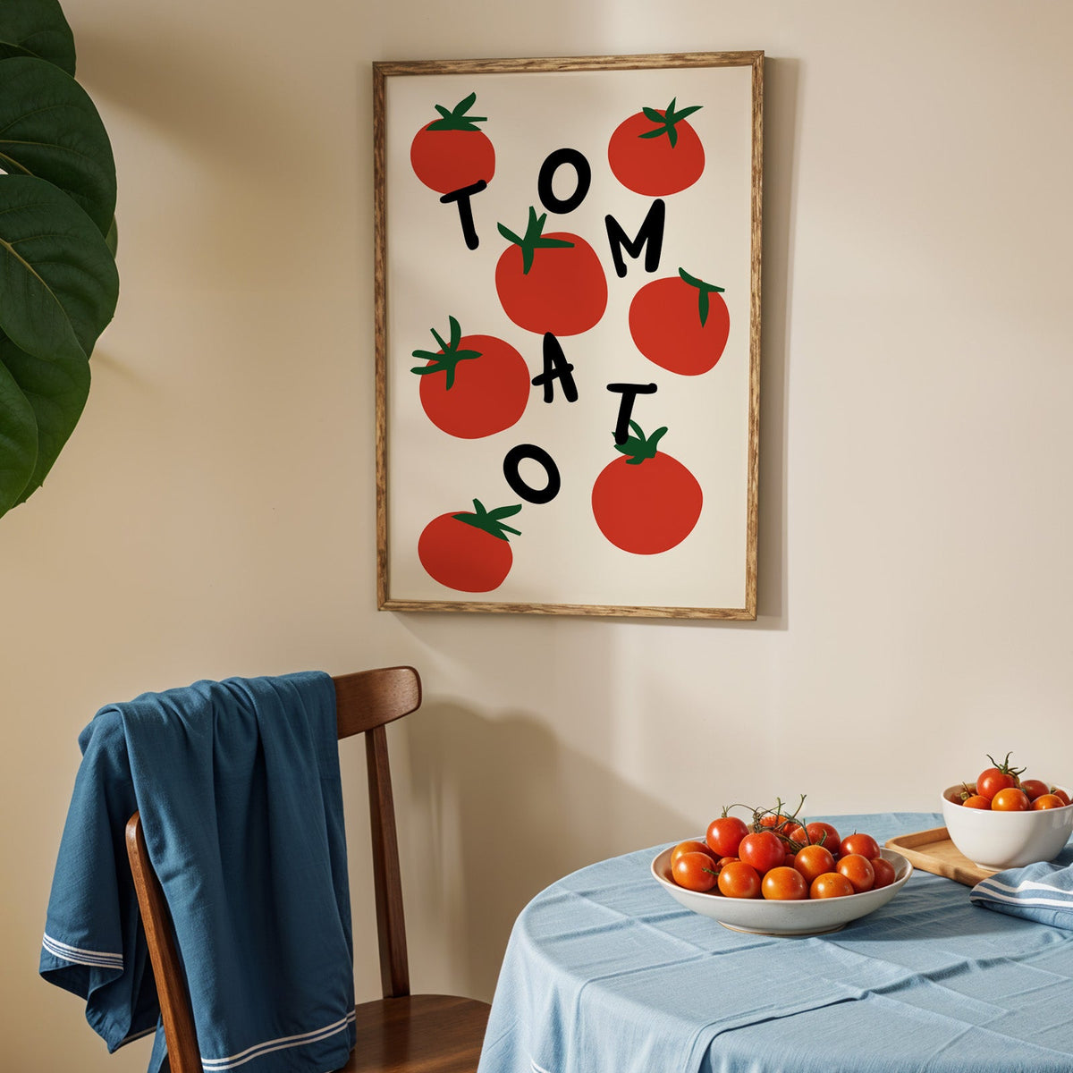 Tomato letters print in an oak frame above a blue linen table with ripe tomatoes