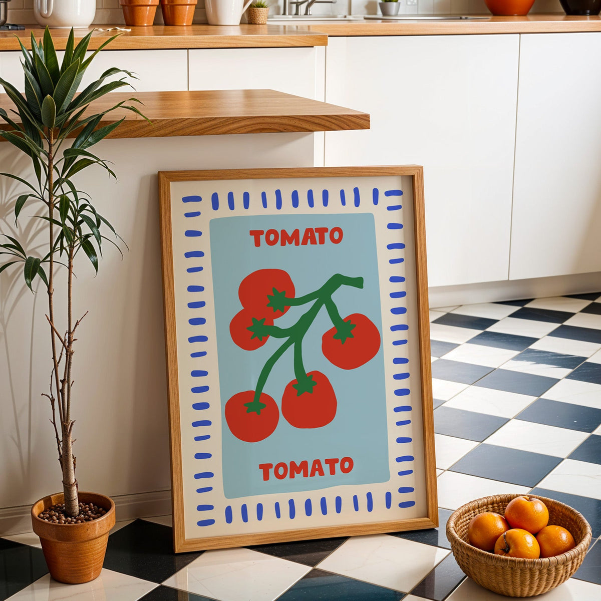 Tomato seed packet print in an oak frame by a kitchen island and checkered floor