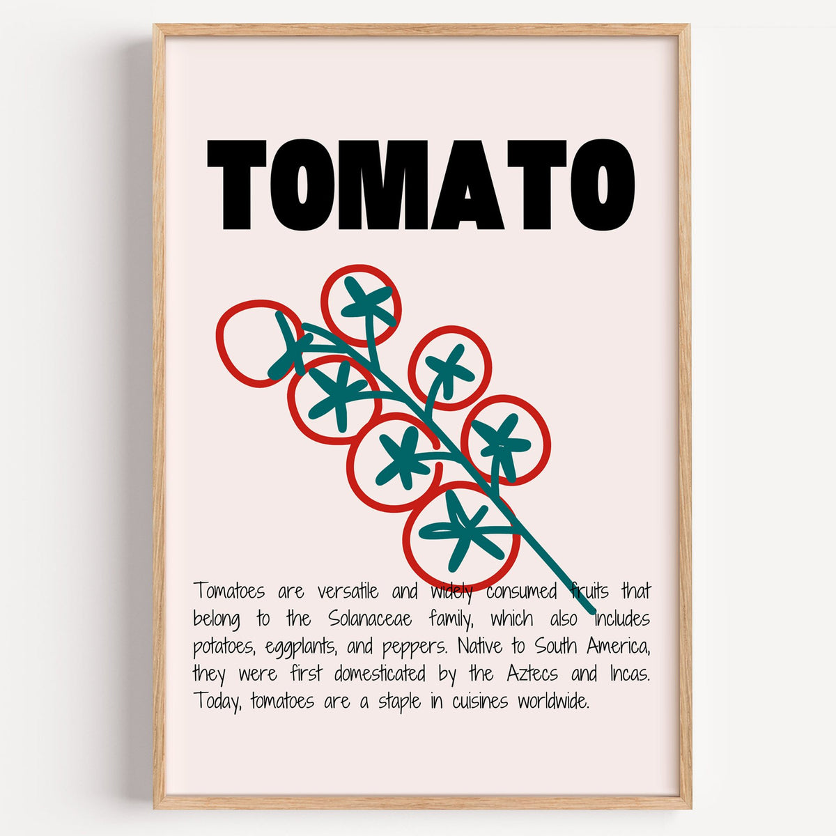 TOMATO bold type tomato vine print in a light oak frame on a plain white wall