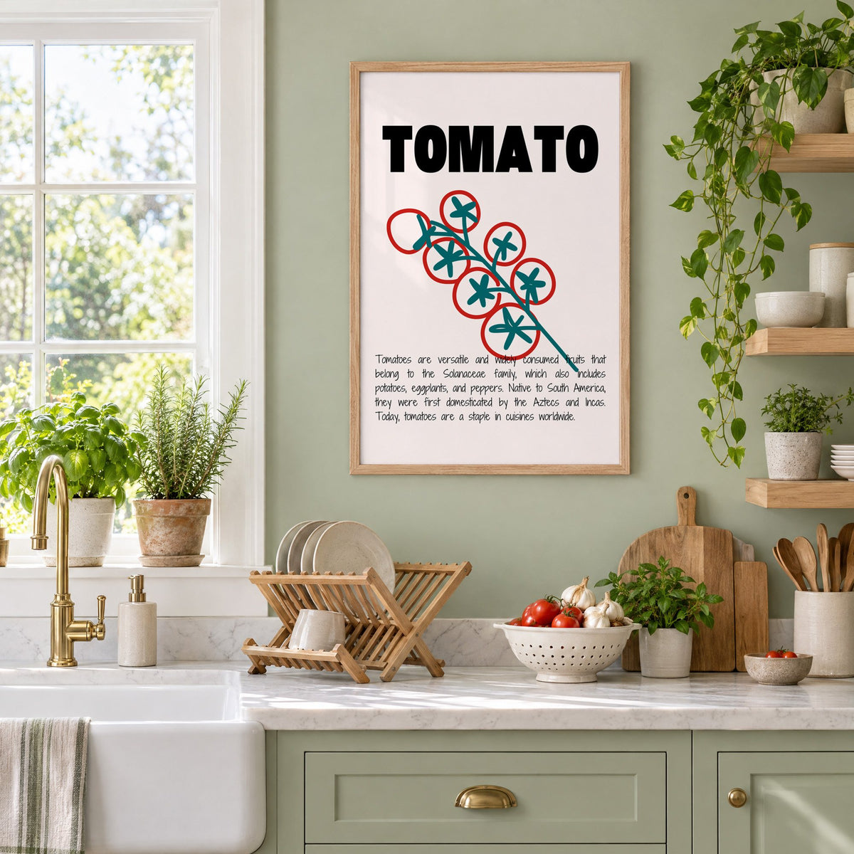 TOMATO bold type tomato vine print in an oak frame on a sage green kitchen wall beside a farmhouse sink and herbs