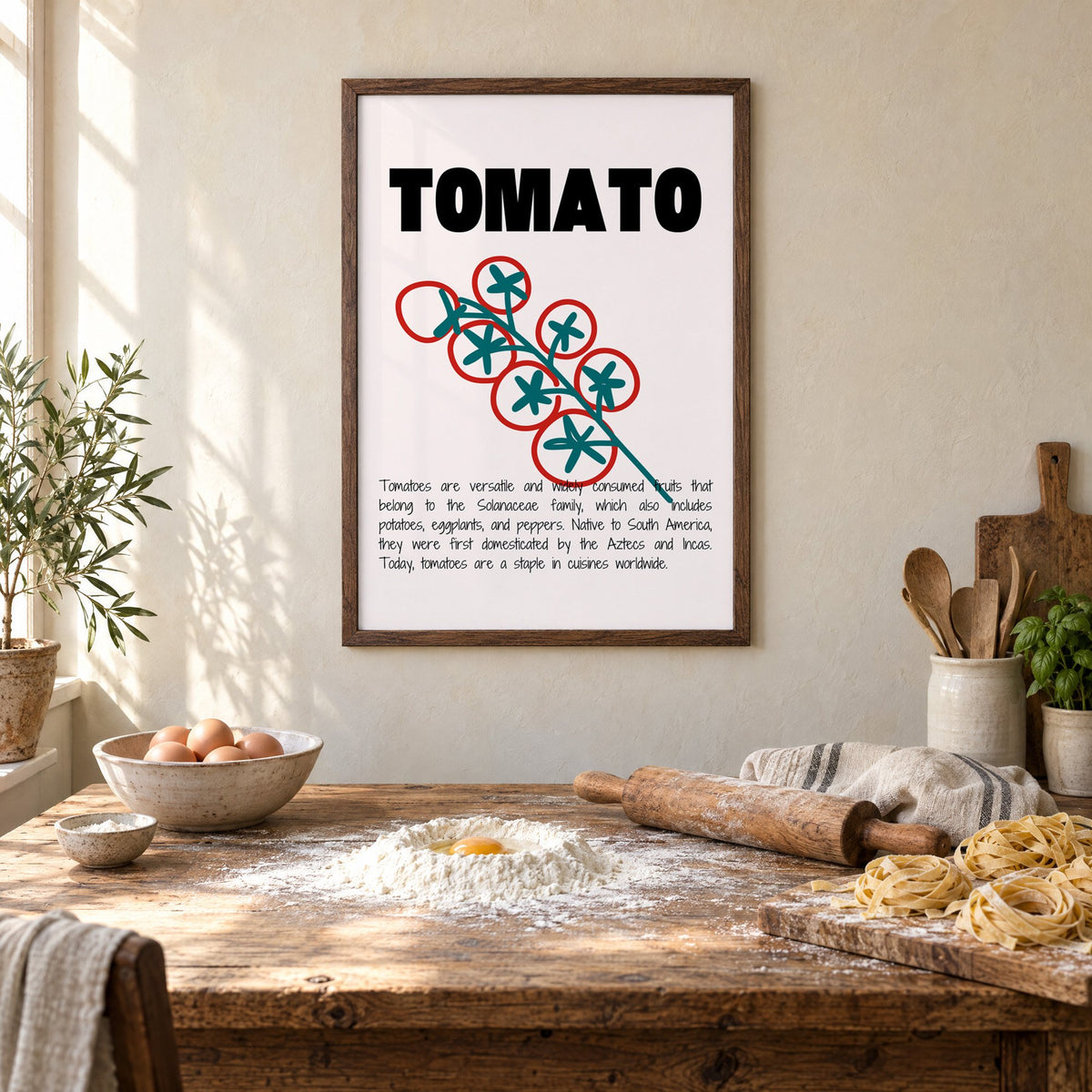 TOMATO bold type tomato vine print in a walnut frame above a rustic table set for making fresh pasta