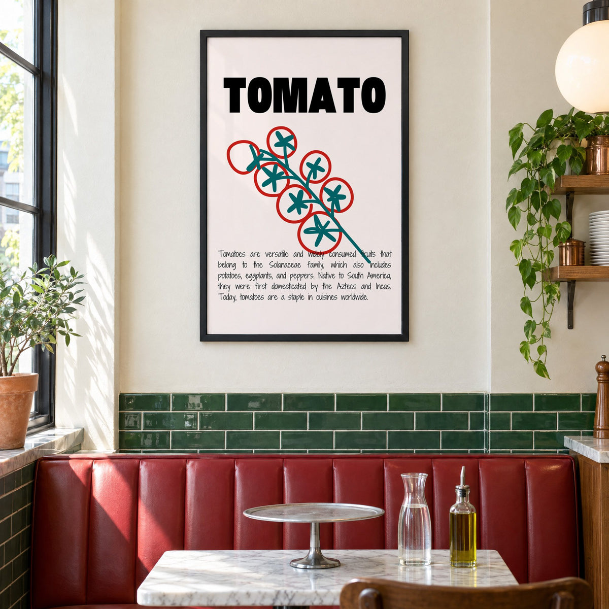 TOMATO bold type tomato vine print in a black frame above a red leather booth in a sunny pizzeria