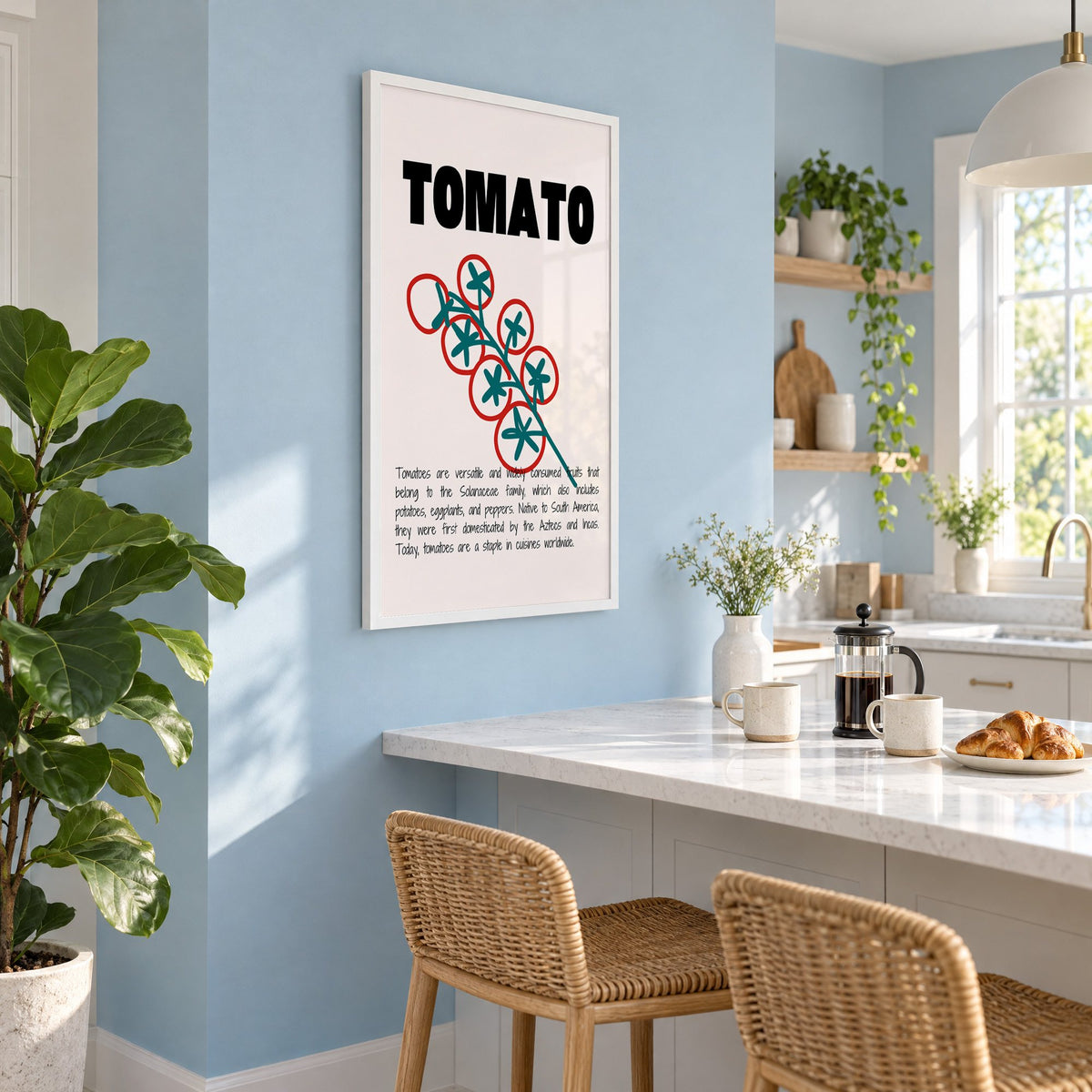 TOMATO bold type tomato vine print in a white frame on a pale blue wall above a breakfast bar with rattan stools