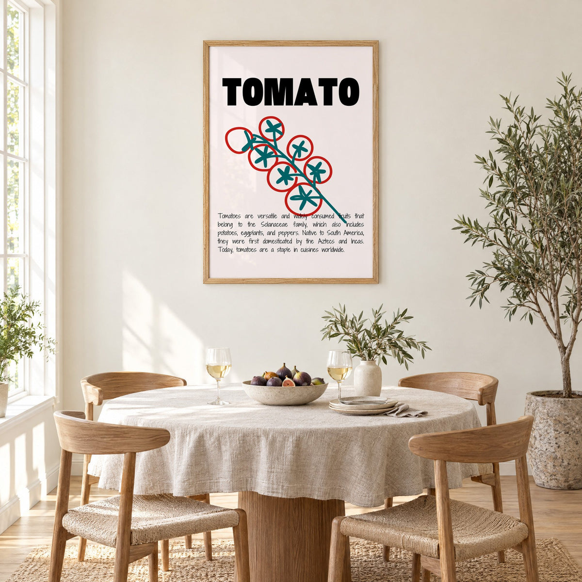 TOMATO bold type tomato vine print in an oak frame above a round linen-covered dining table with figs and wine